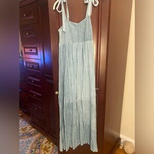 ACOA- Tiered Maxi Dress with Tie at Shoulder, Smocked Bodice, Teal, Size L